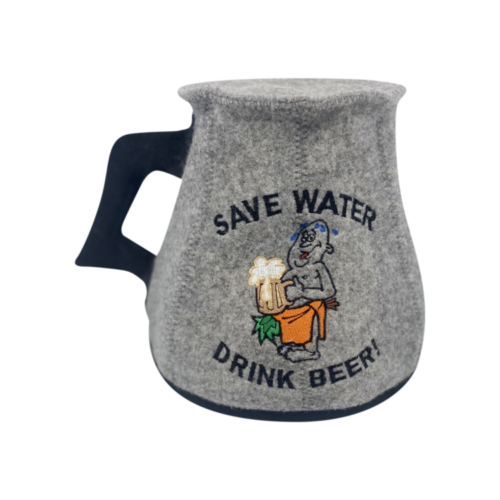 Harmaa olutkannu ''Save water, drink beer!''